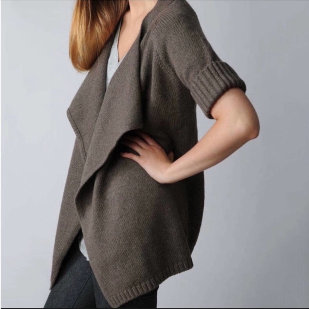 Vince Short Sleeve Wool Open Front Waterfall Cardigan In Brown Size Lg